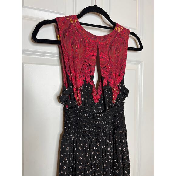 Free People XS Walking Through Dreams Red Black V neck Fit Flare Mini Dress - Picture 4 of 12